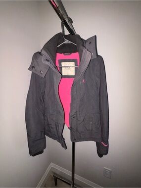 Abercrombie & Fitch Charcoal Utility Jacket with Bright Pink Lining